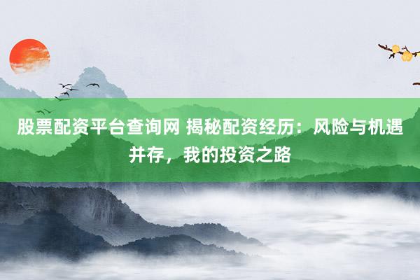 股票配资平台查询网 揭秘配资经历：风险与机遇并存，我的投资之路