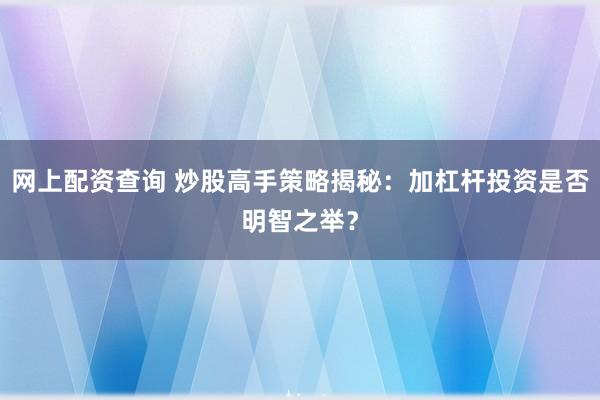 网上配资查询 炒股高手策略揭秘：加杠杆投资是否明智之举？